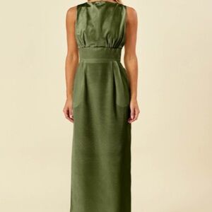 LulaKate Sabrina Floor-Length Boat Neck in Greenery Shantung
